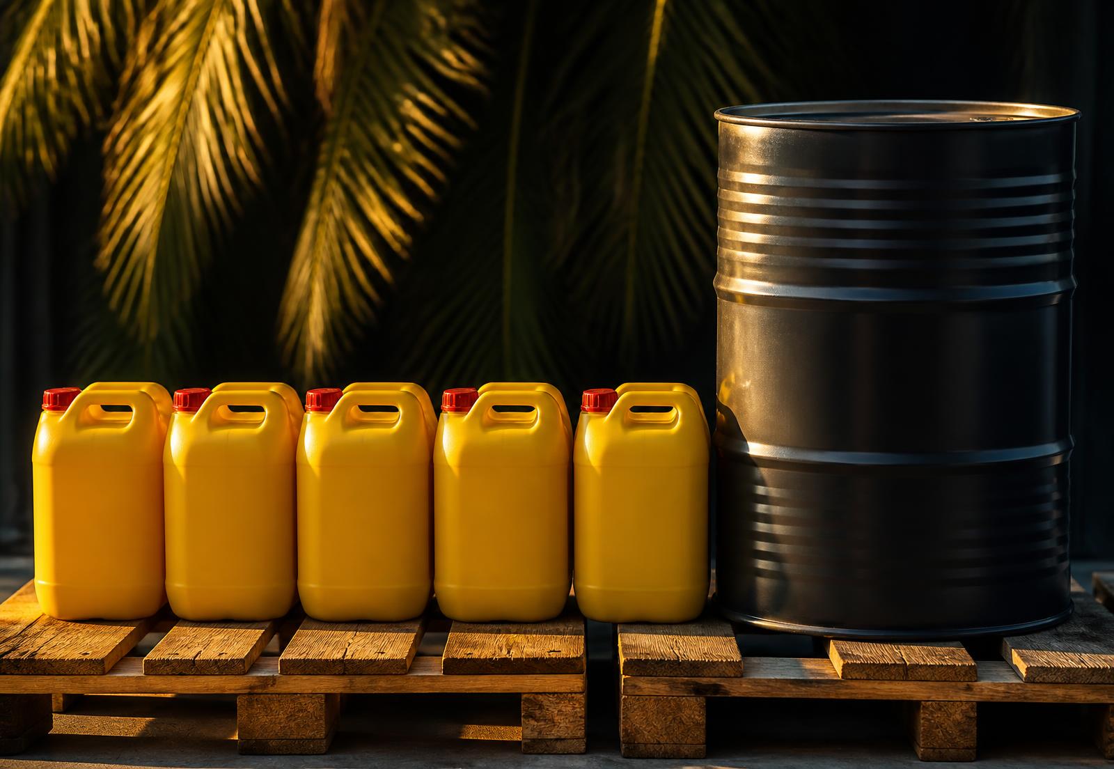 Yellow 25 litre jerricans and a 100 litre drum of red palm oil on wooden pallets