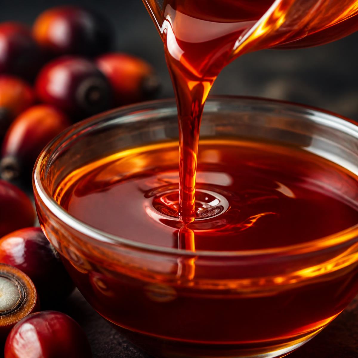 Rich red palm oil being poured into a glass bowl